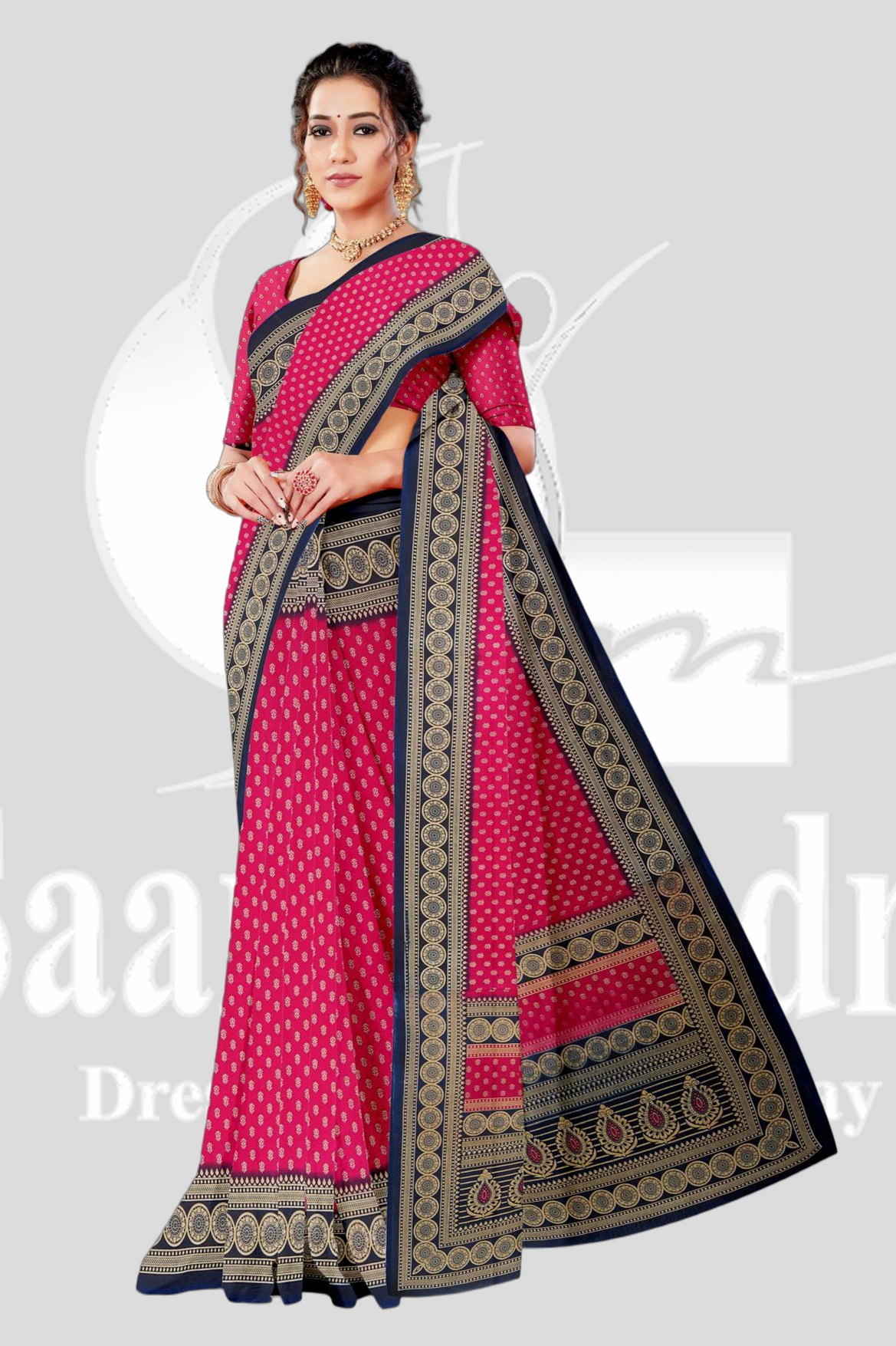 Reniyal Printed Saree with Unstitched Blouse &ndash; ALA - Magenta